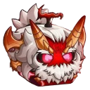 A fluffy white creature with horns and glowing red eyes looking intensely forward.