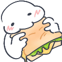 A cute white blob character happily eating a sandwich with lettuce and cheese.