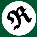 A black gothic-style letter R centered inside a white circle on a dark green background.