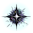 A stylized dark star with a bright blue glow and colorful sparkles radiating outwards.