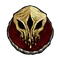A golden skull mask melting into a dark red circular background.