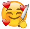 A yellow smiley face with a happy expression holding a silver kitchen knife surrounded by floating red hearts.