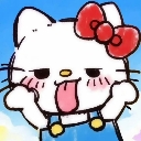 A white cartoon cat with a red bow sticking its tongue out with a smug expression.