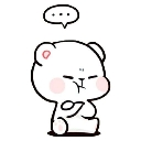 A small white bear with pink cheeks looking suspicious with a speech bubble containing three dots above its head.