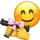 A yellow smiling face holding a black submachine gun decorated with a large pink bow.