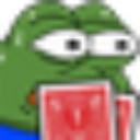 Pepe the Frog looking anxious and sweating while holding two red playing cards.