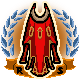A pixel art badge featuring a red cloak centered inside a golden laurel wreath with the letters R and S at the bottom.