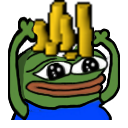 A green frog with wide, sparkling eyes and a happy expression balances a stack of gold coins on its head while raising its a…