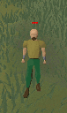 Three identical bald, low-poly male characters in green pants and tan shirts standing in a row.