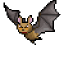 A brown pixelated bat with an angry expression and bared teeth flying with wings spread.