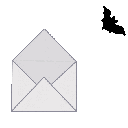 A black bat flies across a series of gray envelopes in a repeating animation.