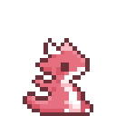 A small pink dragon-like creature looks up in surprise as a glowing sword-like object descends toward its head.