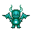 A small teal pixel dragon with horns and wings stands with a white heart glowing on its chest.
