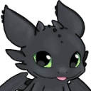 A small black dragon with large green eyes and a tiny pink tongue sticking out.