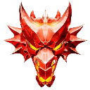 Dragon head with glowing yellow eyes and sharp red crystalline features.