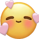 A yellow smiley face with closed eyes and pink blushing cheeks surrounded by floating pink hearts.