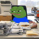 Pepe the Frog with a smug expression sitting at a desk covered in stacks of office paperwork.
