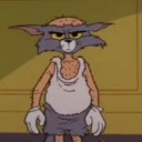 A scruffy, bald-headed cartoon cat wearing a dirty white tank top looking annoyed and suspicious.