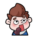 Cartoon boy with wide eyes and a shocked expression holding a red object.