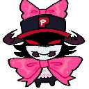 A small, cute demon character with glowing red eyes, a wide grin, and a large pink bow, wearing a hat with a letter P on it.
