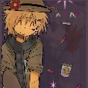Scarecrow character with a hat and flower smiling against a purple magical background.