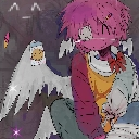 A pink-haired anime character with white wings laughing with a wide, joyful expression.