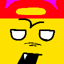 A yellow square-shaped character wearing a red hat with a skeptical, side-eye expression.