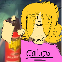 A crudely drawn yellow-haired character holds a red spray can next to a pink box with the word Calico written on it.