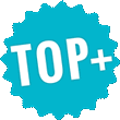 Starburst badge in bright blue with white text reading TOP+.