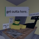 A Roblox character behind a counter with a speech bubble that reads get outta here.
