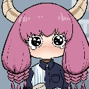 Anime girl with pink hair and horns looking sad with large, teary eyes.