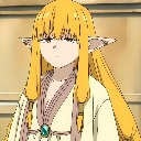 Frieren with long blonde hair and pointed ears giving a deadpan, judgmental stare.