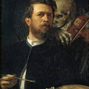 Arnold Bocklin painting his self-portrait while a skeleton plays a fiddle over his shoulder.