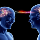 Two blue human heads facing each other with a glowing, colorful neural beam connecting their brains.