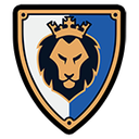 A stylized lion head wearing a crown centered on a blue and white shield with gold trim.