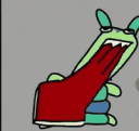 Green creature with a wide open mouth eating a large red object.