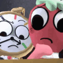 Red Guy and Tony the Clock look confused and concerned while staring forward.