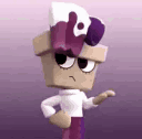 A blocky character with a purple-tinted head looking sideways with a skeptical and confused expression.