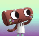 Chocolate roll character with star cheeks waving hello.