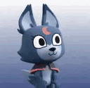 A cute blue wolf pup with a pink crescent moon on its forehead smiling happily.
