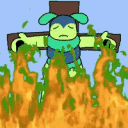 A green cartoon character tied to a wooden cross while surrounded by bright orange and yellow flames.
