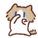 A small brown and white cat-like creature crying and wiping tears from its eyes.