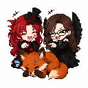 Two gothic anime girls in black outfits playfully poking a sleeping orange fox.