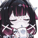 Anime girl with closed eyes holding a white mug and sipping a warm drink.