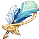 A stylized blue feather with white accents and intricate gold filigree base.