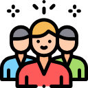 Three stylized people standing together in a friendly group formation.