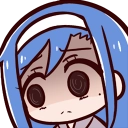 An anime girl with blue hair and a white headband stares forward with swirling, dazed eyes.