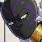 Black Panther mask with purple accents and a gold collar looking intense.