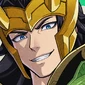 Loki wearing his golden helmet with a smug, mischievous smirk on his face.