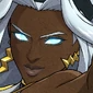 Storm from X-Men with glowing blue eyes and gold lightning earrings.